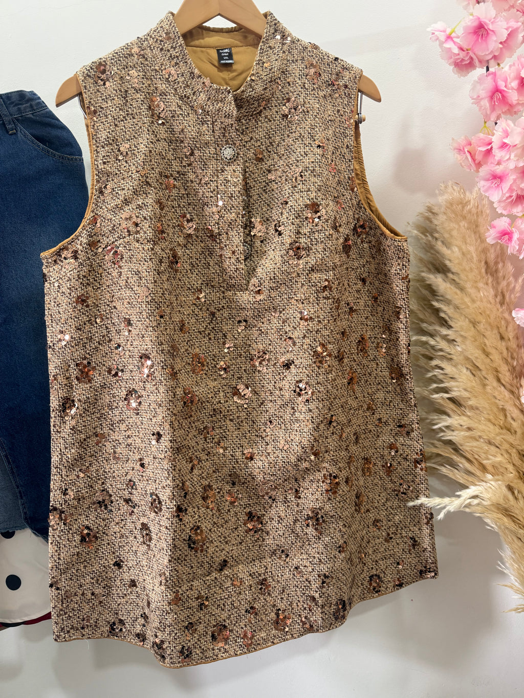 Aveloria Modichic Vestido Tweed Café con Lentejuelas – Línea A Sin Mangas Talla Grande