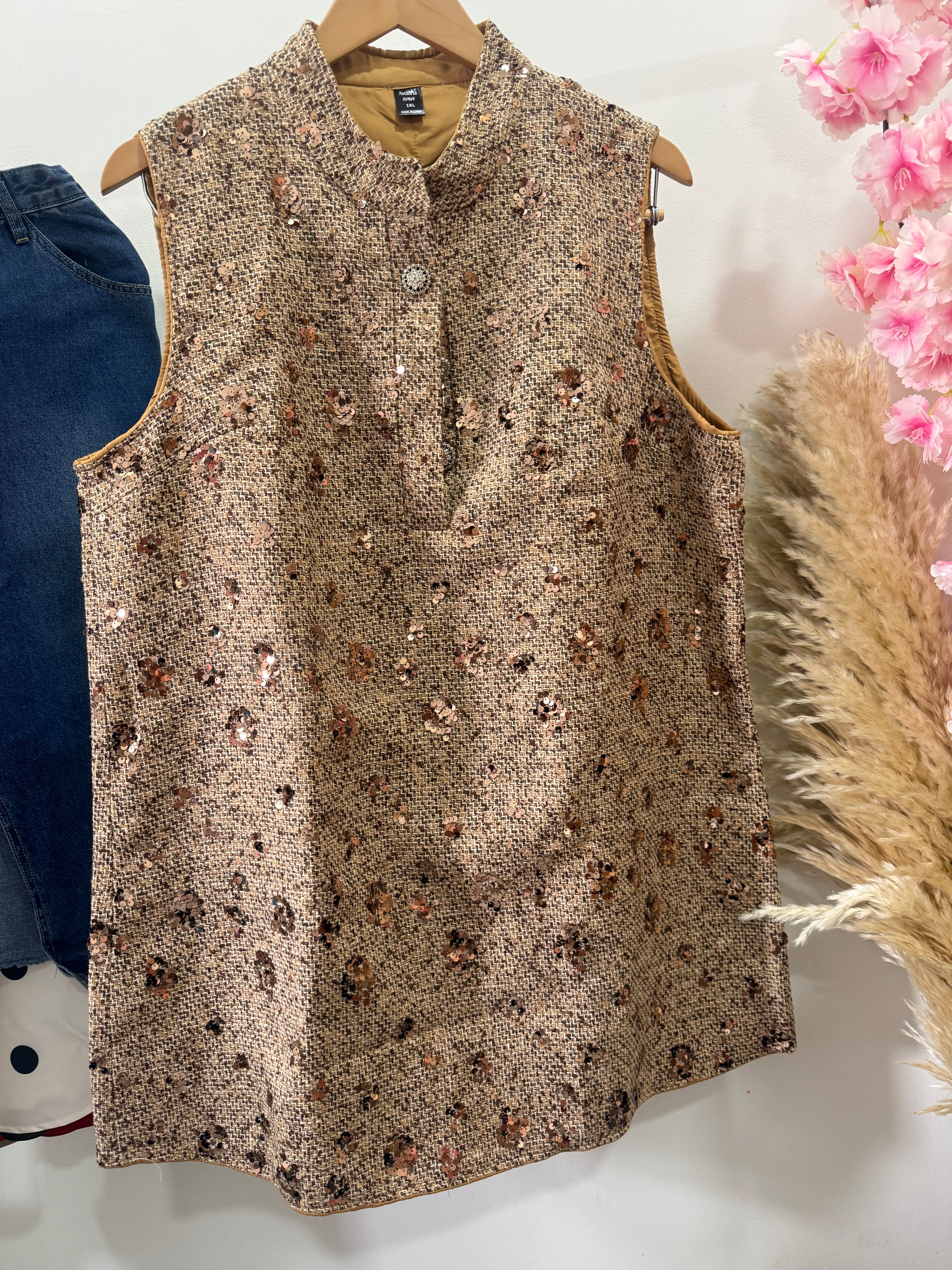 Aveloria Modichic Vestido Tweed Café con Lentejuelas – Línea A Sin Mangas Talla Grande
