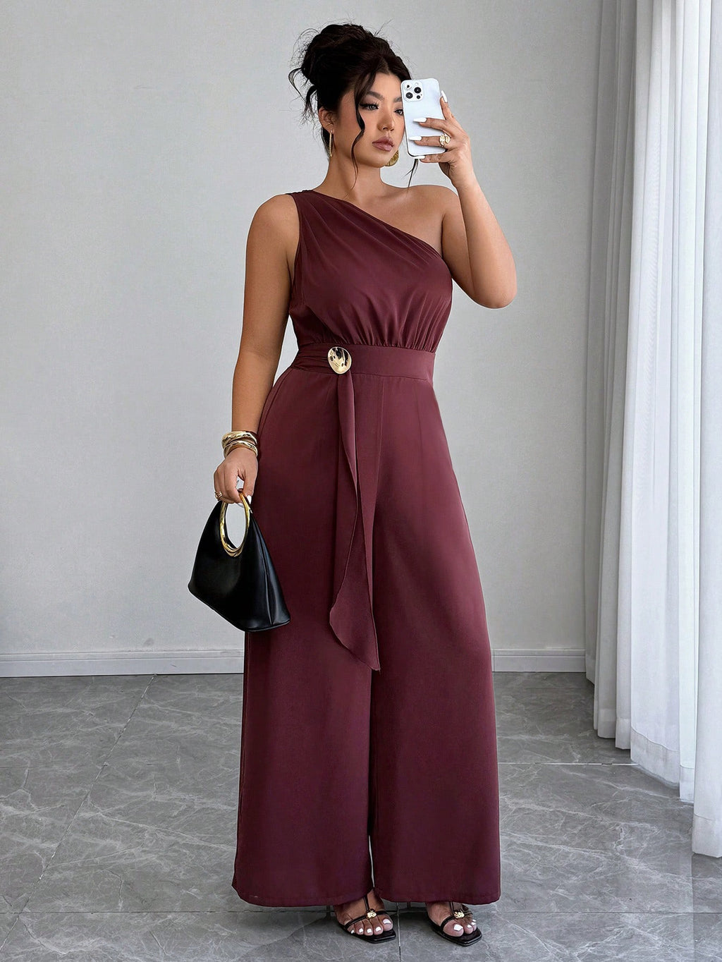 Elenzga Jumpsuit Un Hombro con Hebilla Metálica – Talla Grande Pierna Ancha
