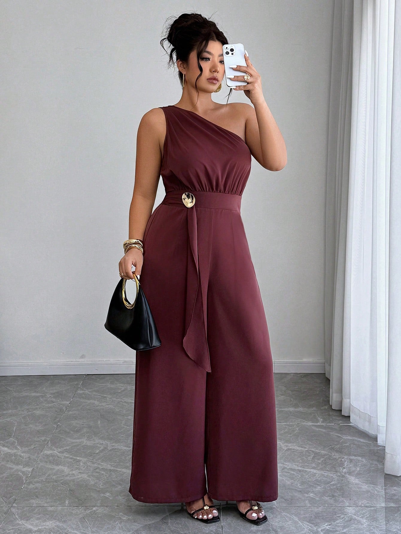 Elenzga Jumpsuit Un Hombro con Hebilla Metálica – Talla Grande Pierna Ancha