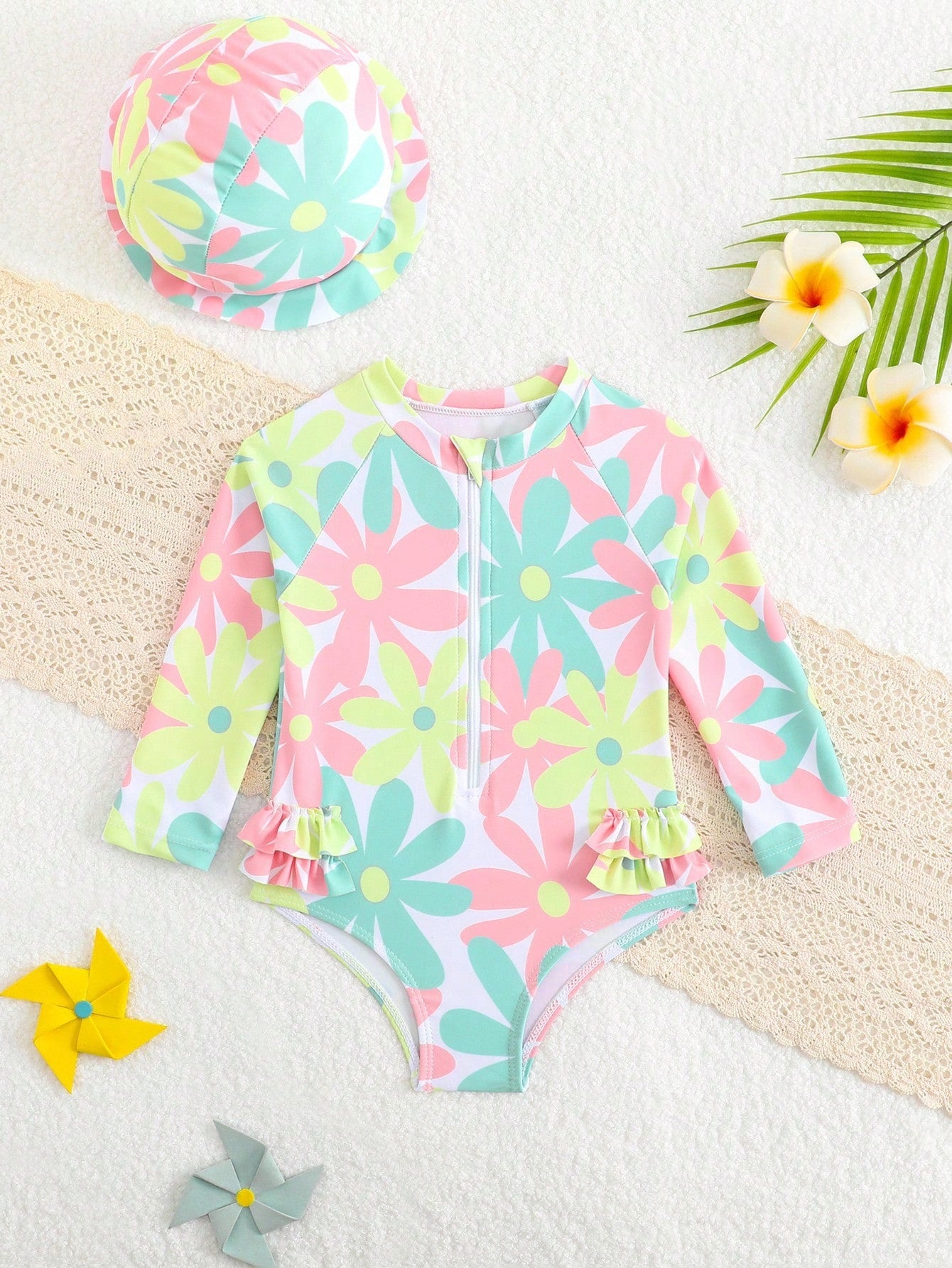 Traje de Baño Una Pieza Bebé Niña Estampado Floral con Gorro