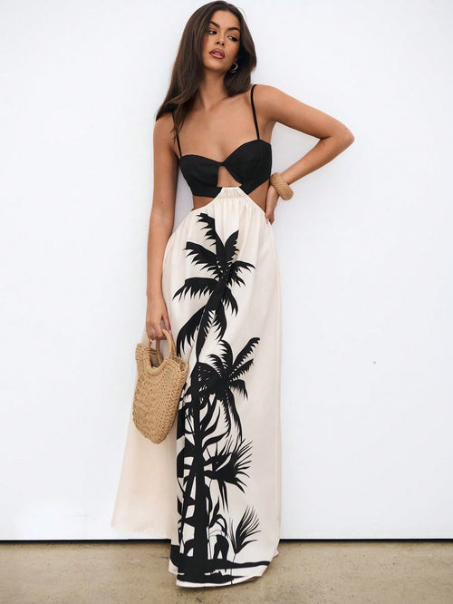 Aloruh Vestido bohemio de verano estampado palmera bloques de color con escote posterior