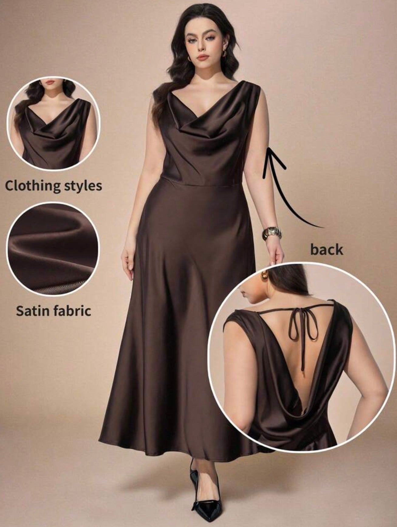 Maija Vestido Marrón Talla Grande – Satén Elegante Espalda Descubierta