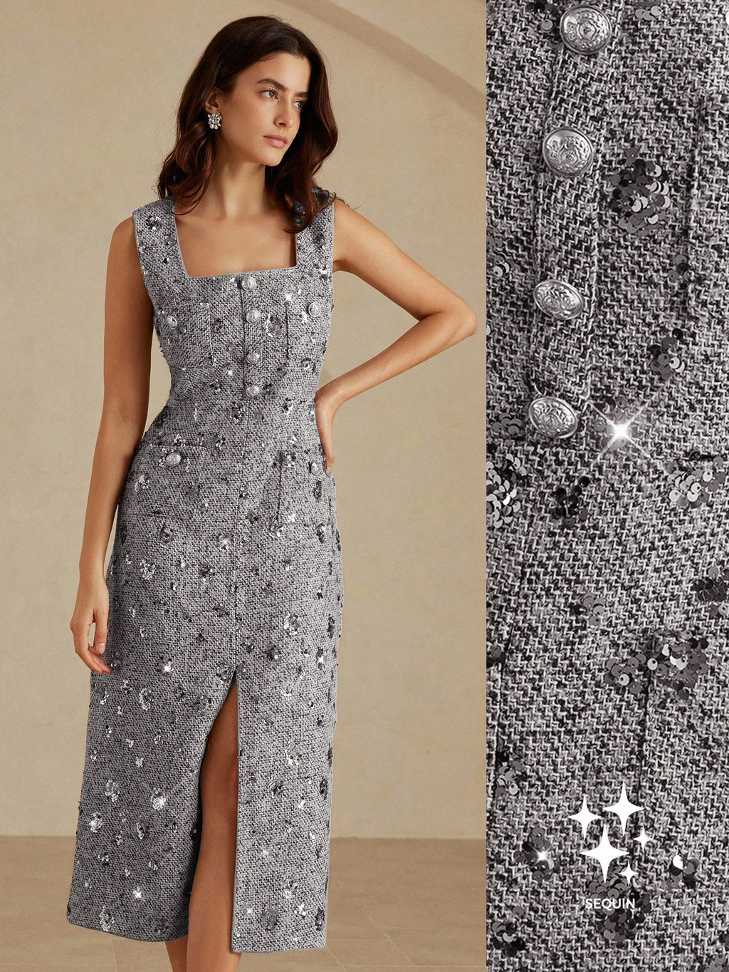BELROSIE Vestido Tweed Gris con Lentejuelas y Botones Metálicos – Sin Mangas Elegante