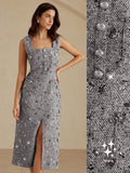 BELROSIE Vestido Tweed Gris con Lentejuelas y Botones Metálicos – Sin Mangas Elegante