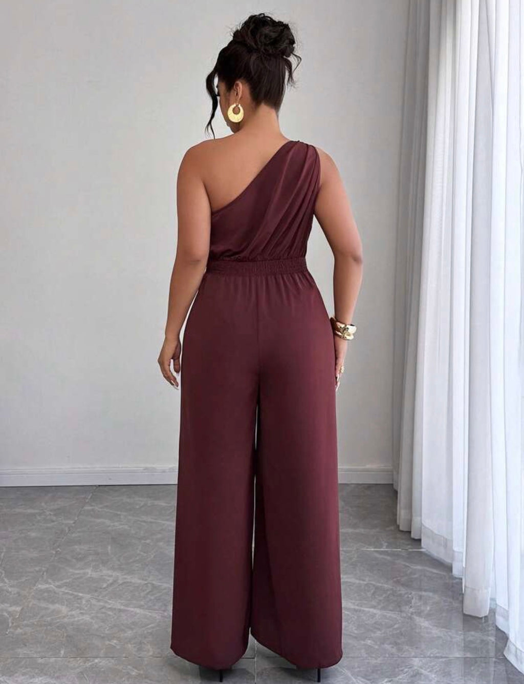 Elenzga Jumpsuit Un Hombro con Hebilla Metálica – Talla Grande Pierna Ancha