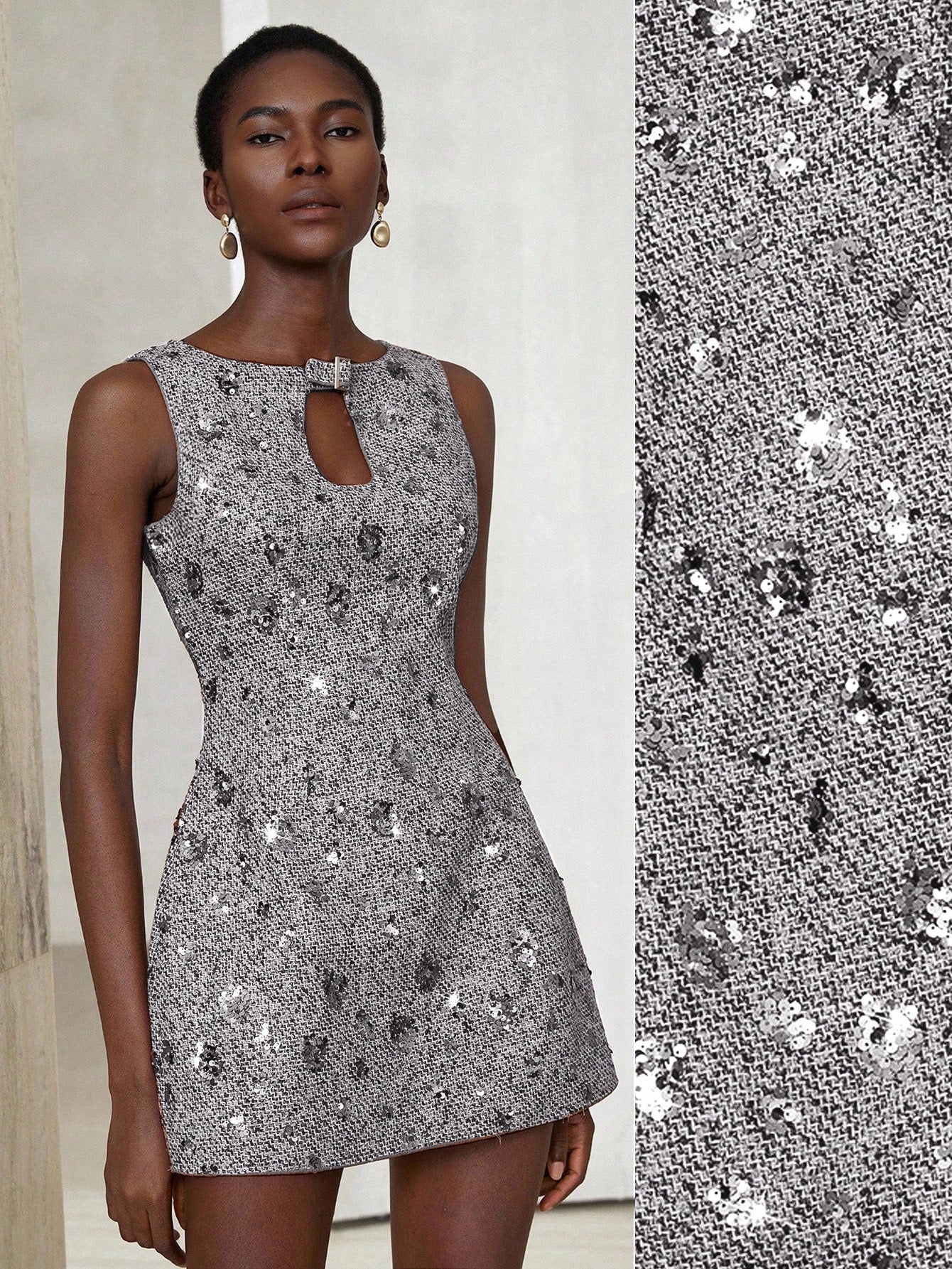 Aveloria Modichic Vestido Mini Tweed Gris con Lentejuelas 3D – Estilo Vintage Elegante