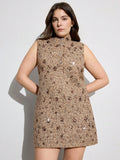 Aveloria Modichic Vestido Tweed Café con Lentejuelas – Línea A Sin Mangas Talla Grande