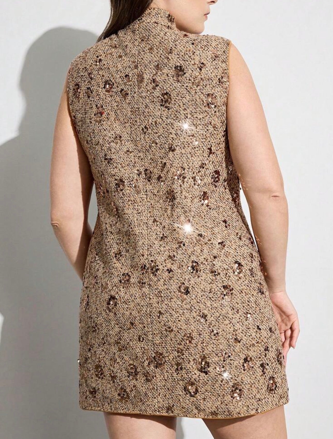 Aveloria Modichic Vestido Tweed Café con Lentejuelas – Línea A Sin Mangas Talla Grande