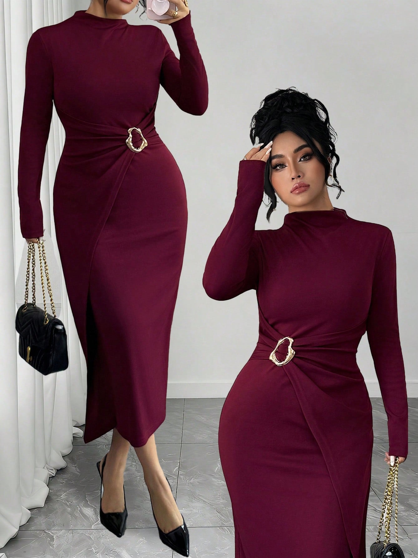 Elenzga Vestido Ajustado Elegante Unicolor con Decoración Metálica - Talla Grande Otoño