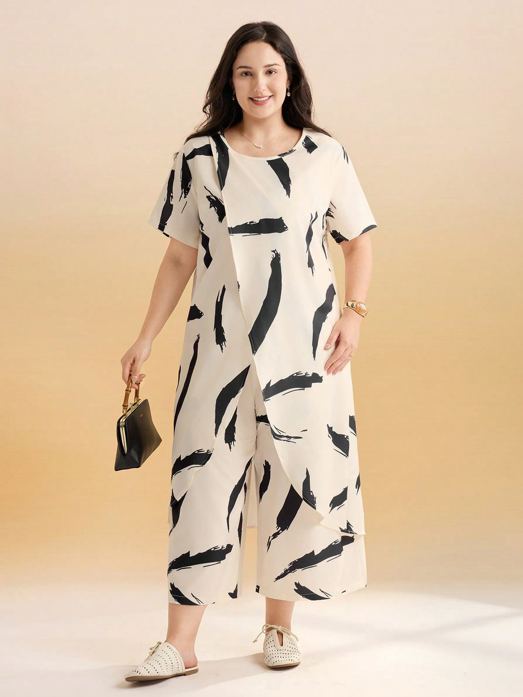 Momelise Conjunto Informal de Top Manga Corta con Estampado de Pinceladas y Pantalón de Pierna Ancha – Talla Grande