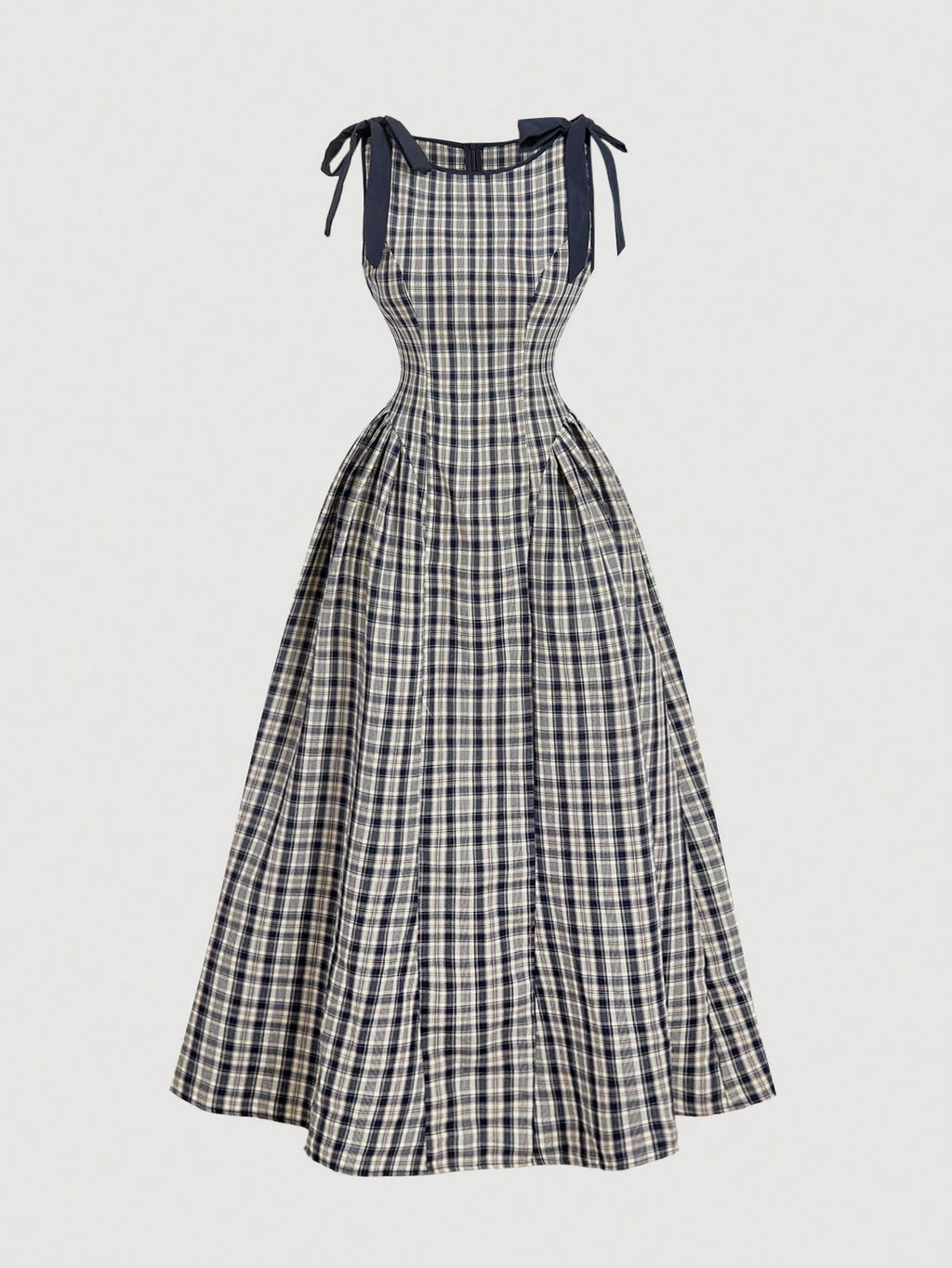 SHEIN MOD Vestido Ajustado con Corbata de Moño a Cuadros Blanco y Negro