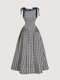 SHEIN MOD Vestido Ajustado con Corbata de Moño a Cuadros Blanco y Negro