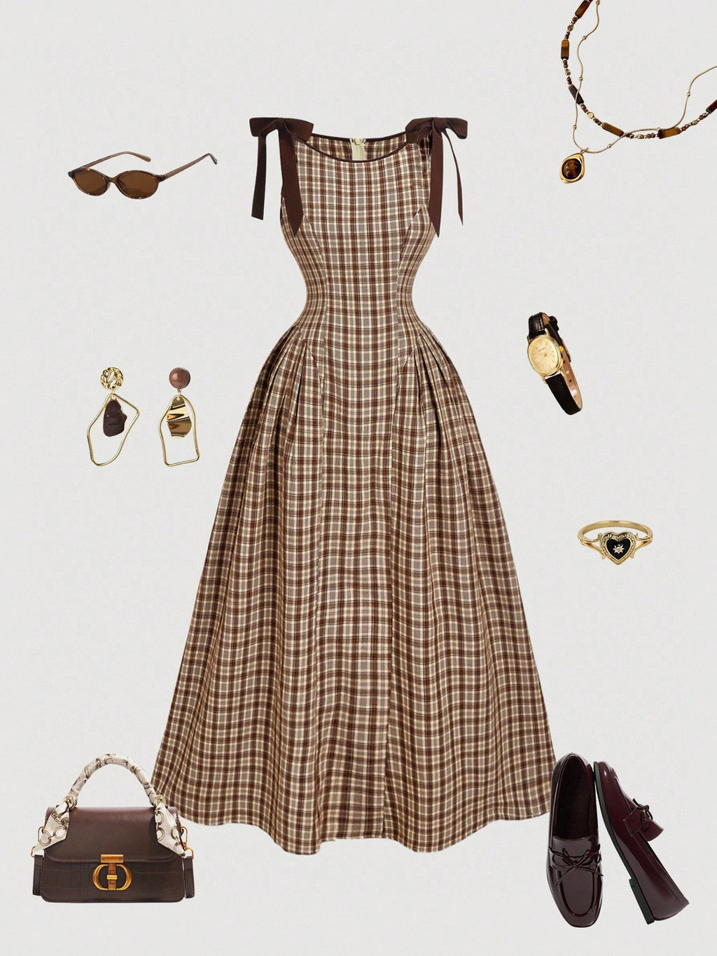 SHEIN MOD Vestido Ajustado con Corbata de Moño a Cuadros Marrón