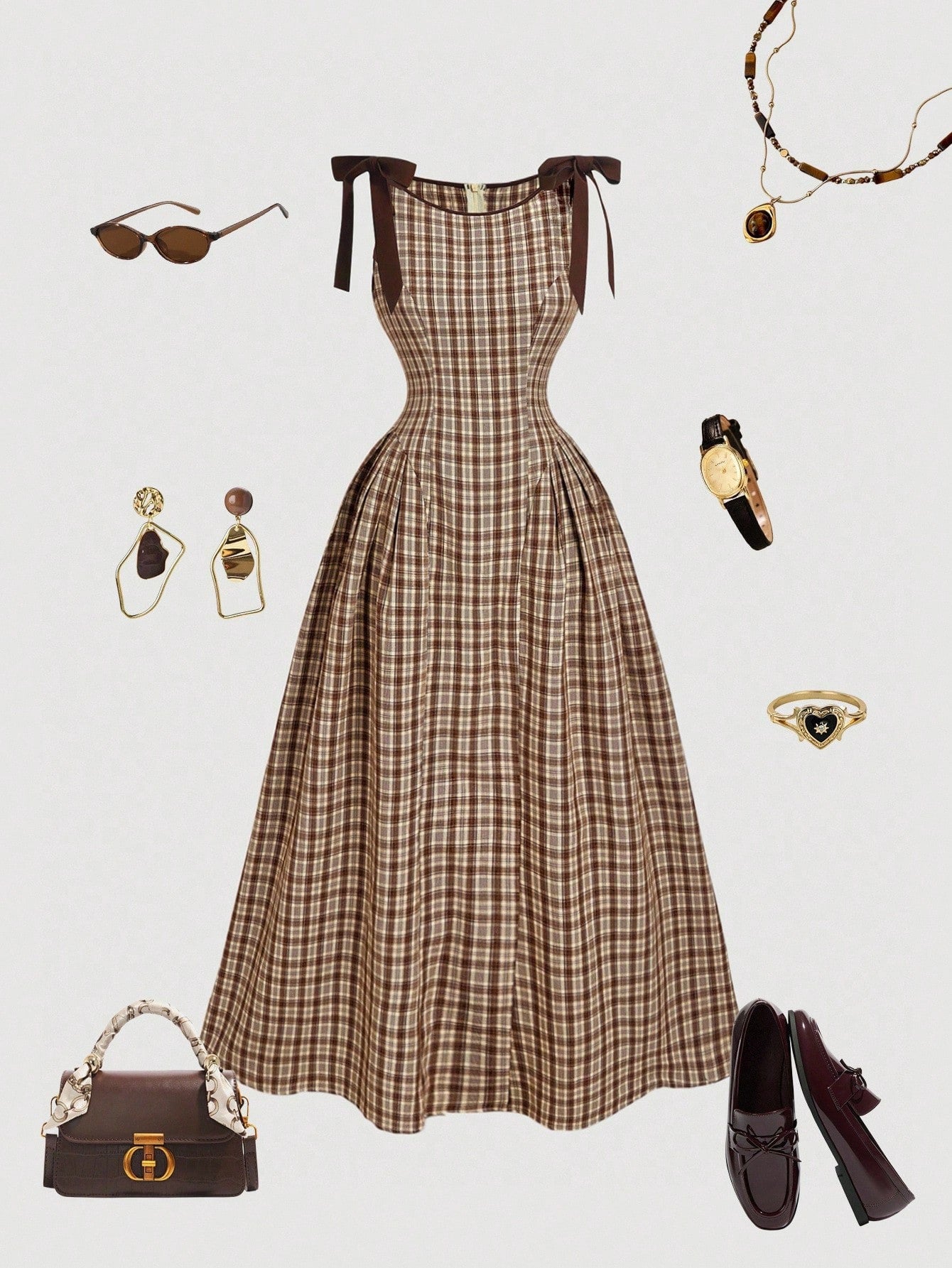 SHEIN MOD Vestido Ajustado con Corbata de Moño a Cuadros Marrón
