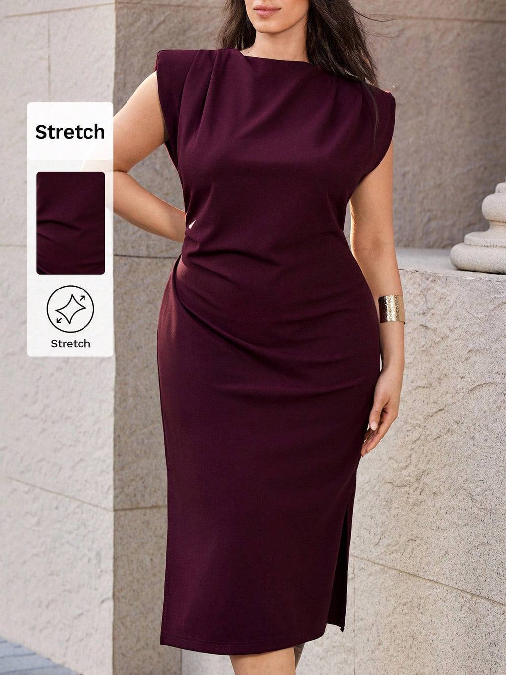 Maija Vestido Casual de Verano Talla Grande Unicolor con Hombreras y Cintura Ceñida