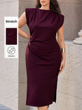 Maija Vestido Casual de Verano Talla Grande Unicolor con Hombreras y Cintura Ceñida