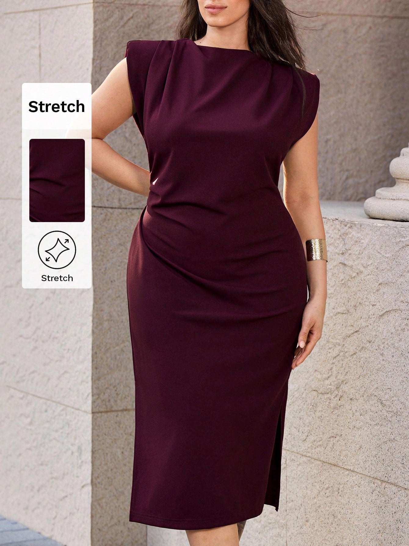Maija Vestido Casual de Verano Talla Grande Unicolor con Hombreras y Cintura Ceñida