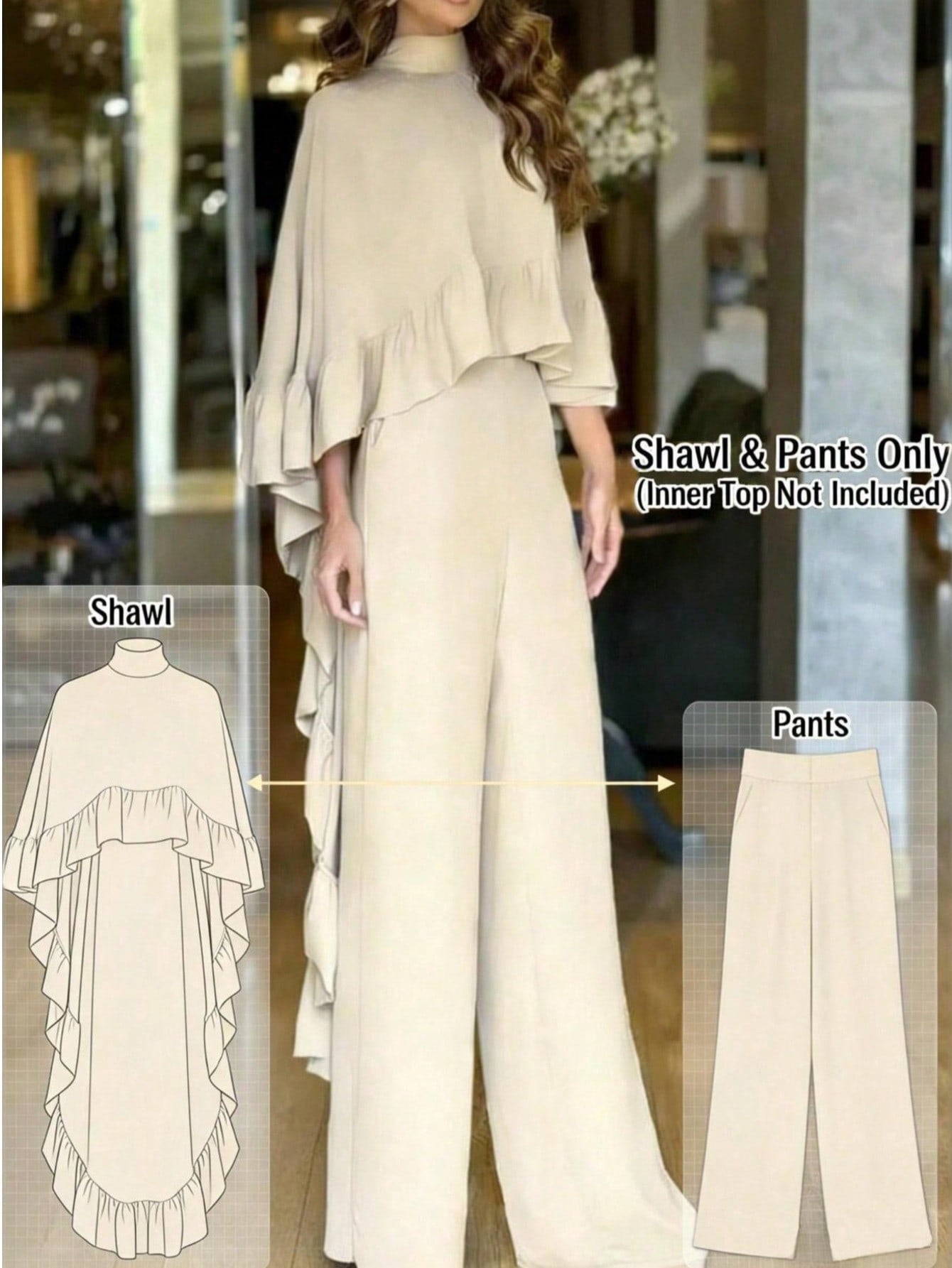 Conjunto Elegante 2 Piezas – Chal con Volantes y Pantalón Ancho Beige