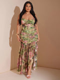 SHEIN BAE | Vestido Maxi de Malla Floral Drapeado Talla Plus