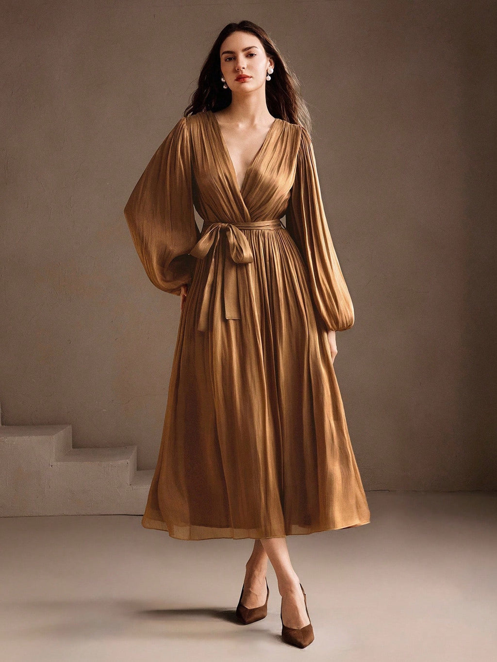 Anewsta Vestido Maxi Elegante de Gasa de Manga Larga y Cuello en V