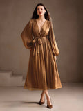 Anewsta Vestido Maxi Elegante de Gasa de Manga Larga y Cuello en V