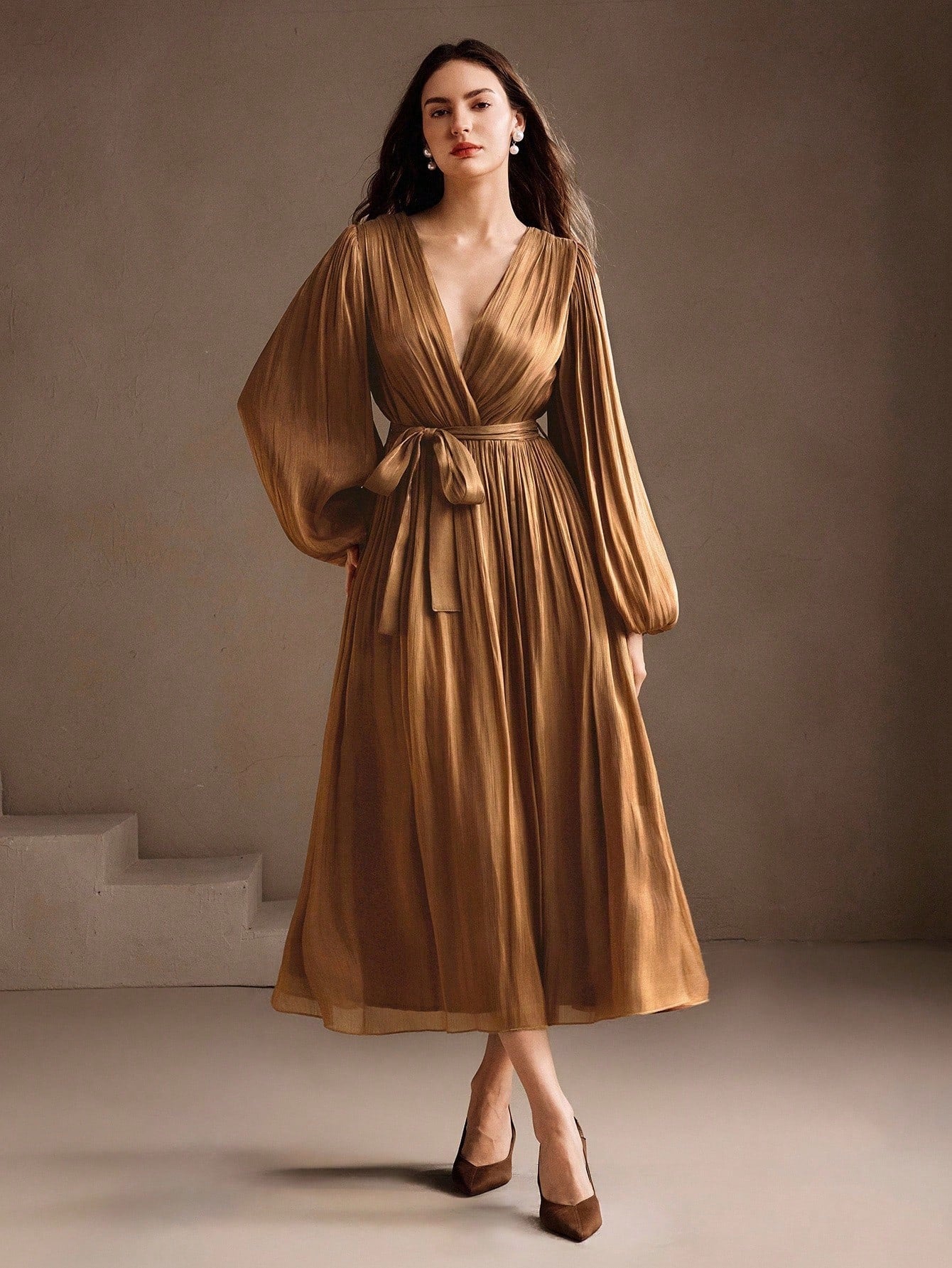 Anewsta Vestido Maxi Elegante de Gasa de Manga Larga y Cuello en V