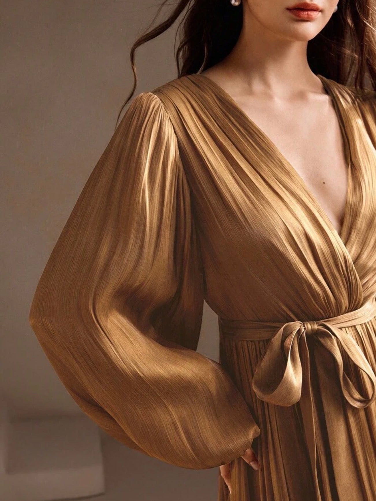 Anewsta Vestido Maxi Elegante de Gasa de Manga Larga y Cuello en V