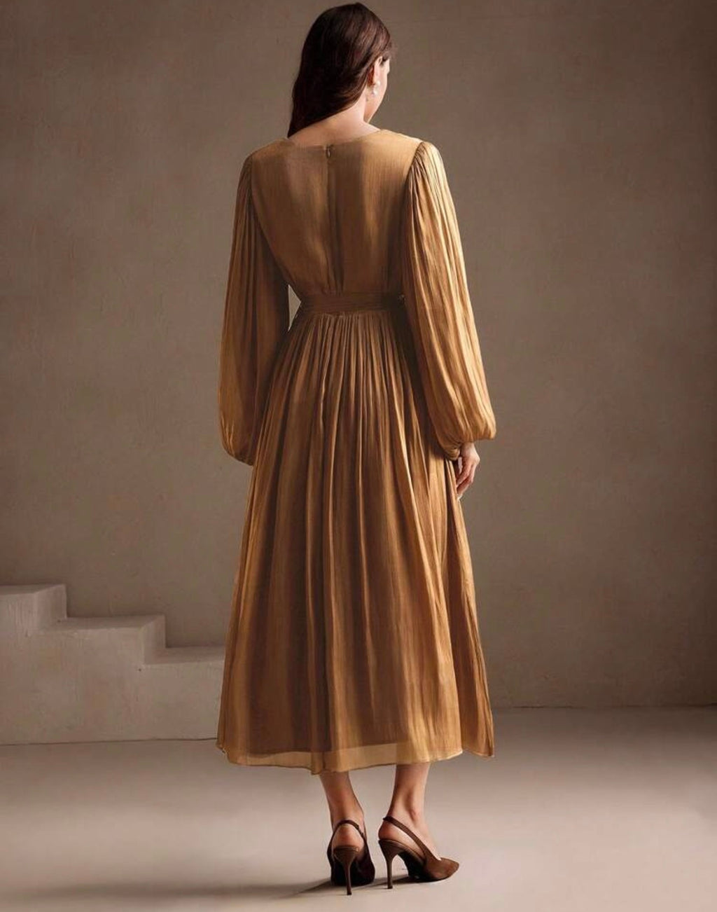 Anewsta Vestido Maxi Elegante de Gasa de Manga Larga y Cuello en V