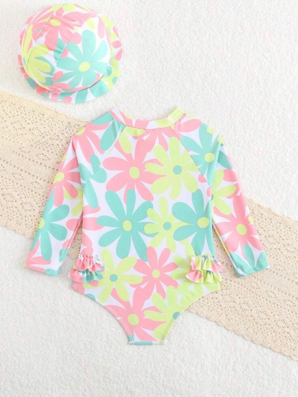 Traje de Baño Una Pieza Bebé Niña Estampado Floral con Gorro