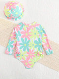 Traje de Baño Una Pieza Bebé Niña Estampado Floral con Gorro