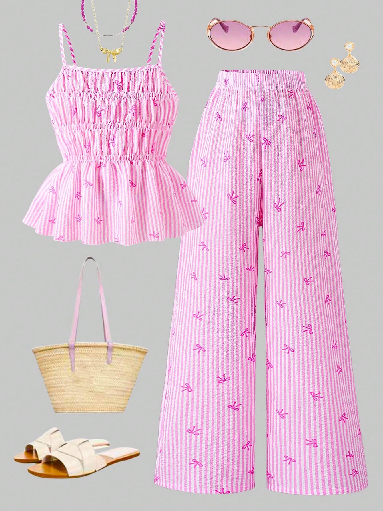 Conjunto 2 Piezas Top de Tirantes con Lazos a Rayas y Pantalón Ancho – Niña