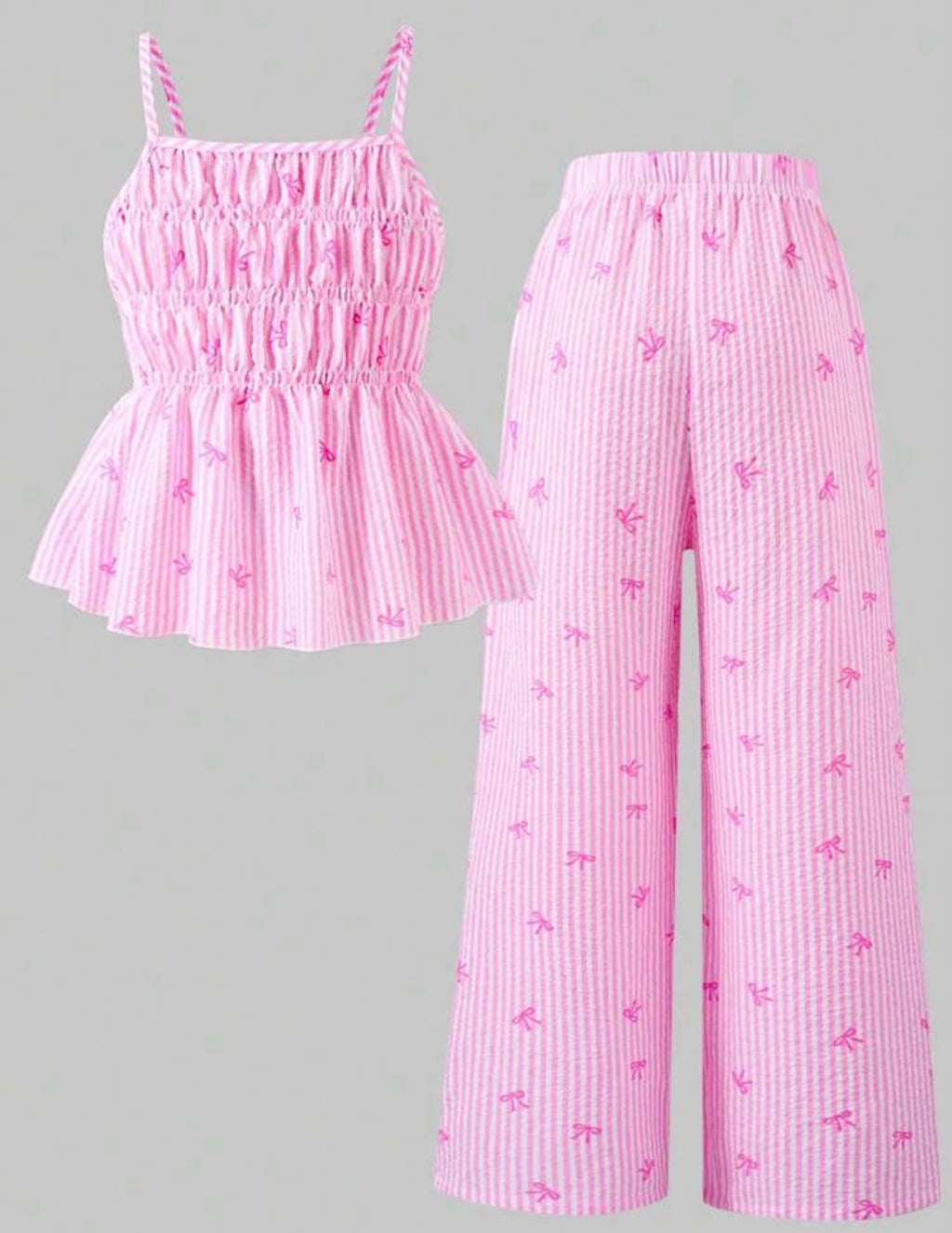 Conjunto 2 Piezas Top de Tirantes con Lazos a Rayas y Pantalón Ancho – Niña
