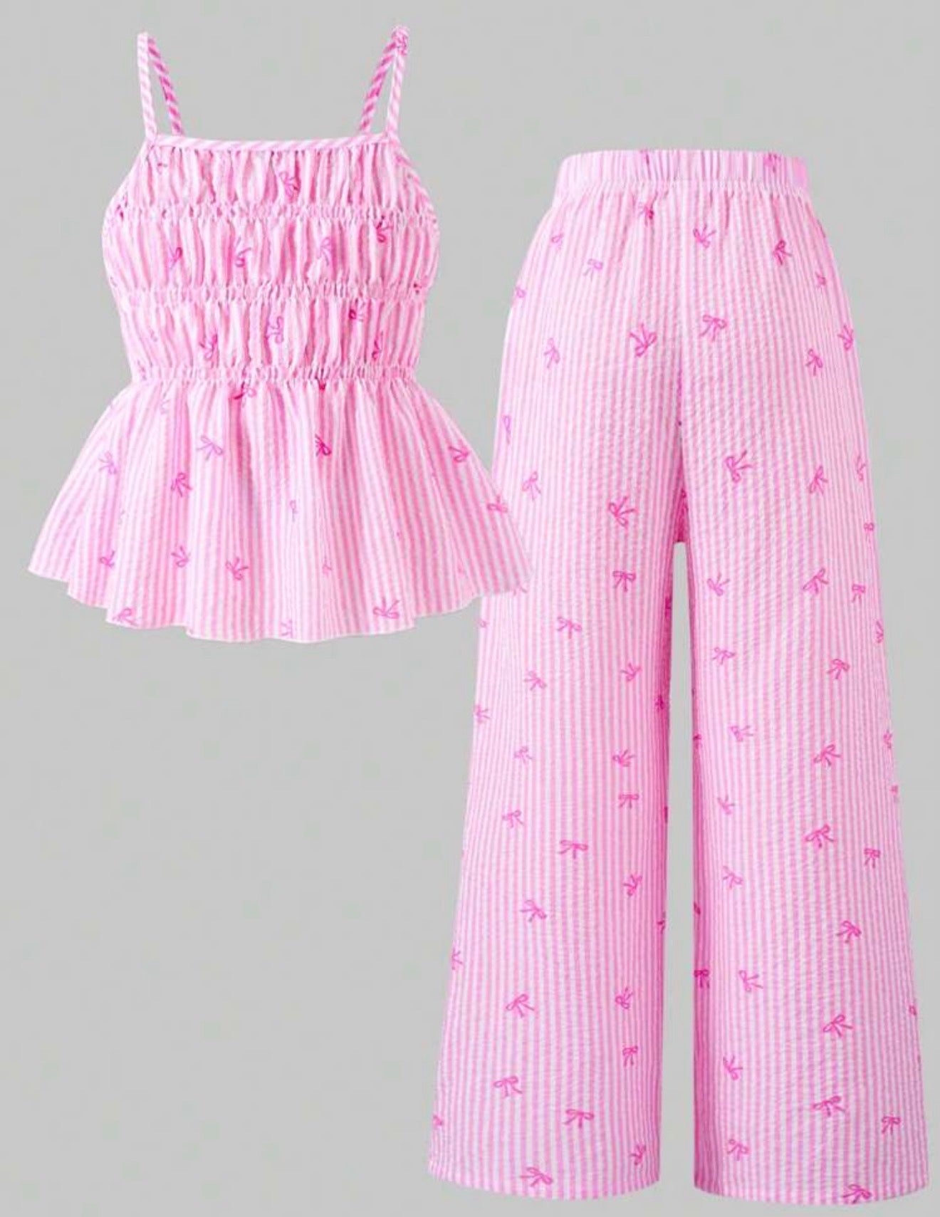 Conjunto 2 Piezas Top de Tirantes con Lazos a Rayas y Pantalón Ancho – Niña