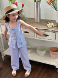 Conjunto a Rayas Azul Top sin Mangas y Pantalón Recto para Niña