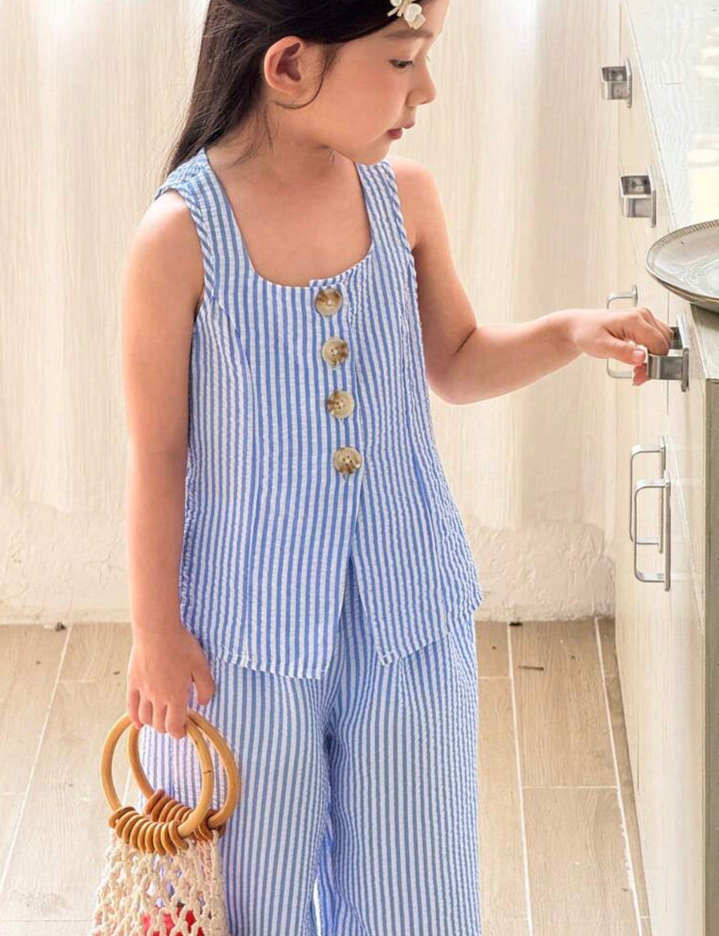 Conjunto a Rayas Azul Top sin Mangas y Pantalón Recto para Niña