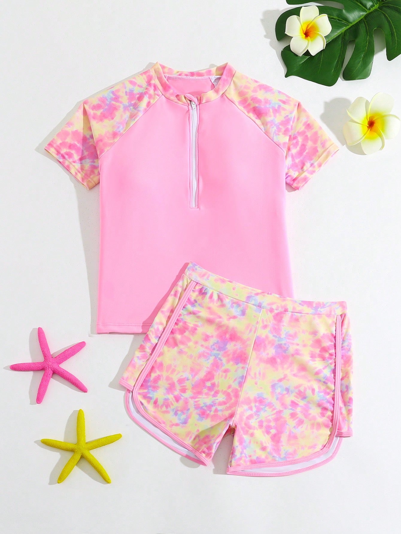 Tankini Tie-Dye Rosa Top Raglan y Shorts para Niña