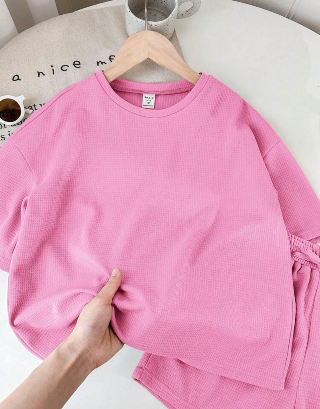 SHEIN LMoss Kids Conjunto Informal 2 Piezas Blusa Manga Corta y Shorts Rosa Niña