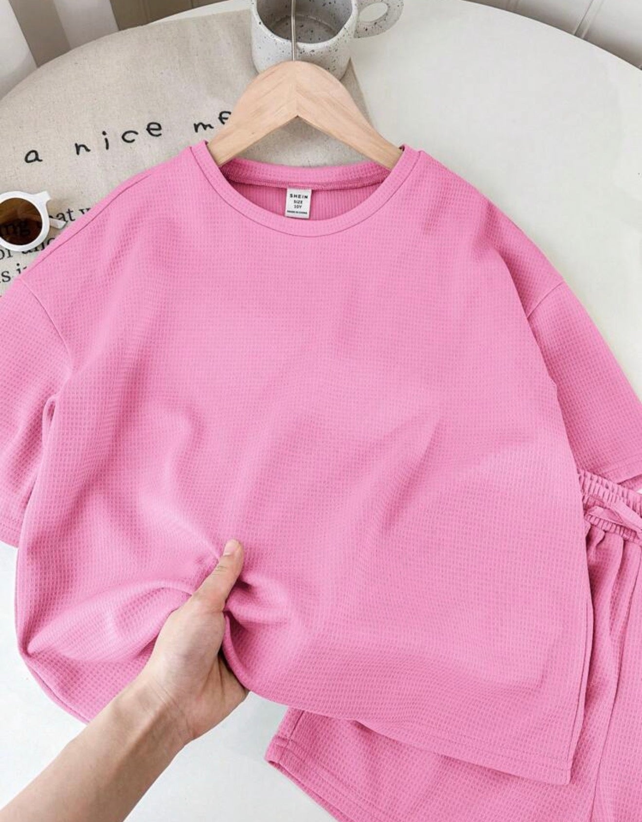 SHEIN LMoss Kids Conjunto Informal 2 Piezas Blusa Manga Corta y Shorts Rosa Niña