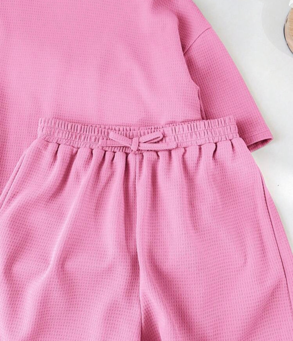 SHEIN LMoss Kids Conjunto Informal 2 Piezas Blusa Manga Corta y Shorts Rosa Niña