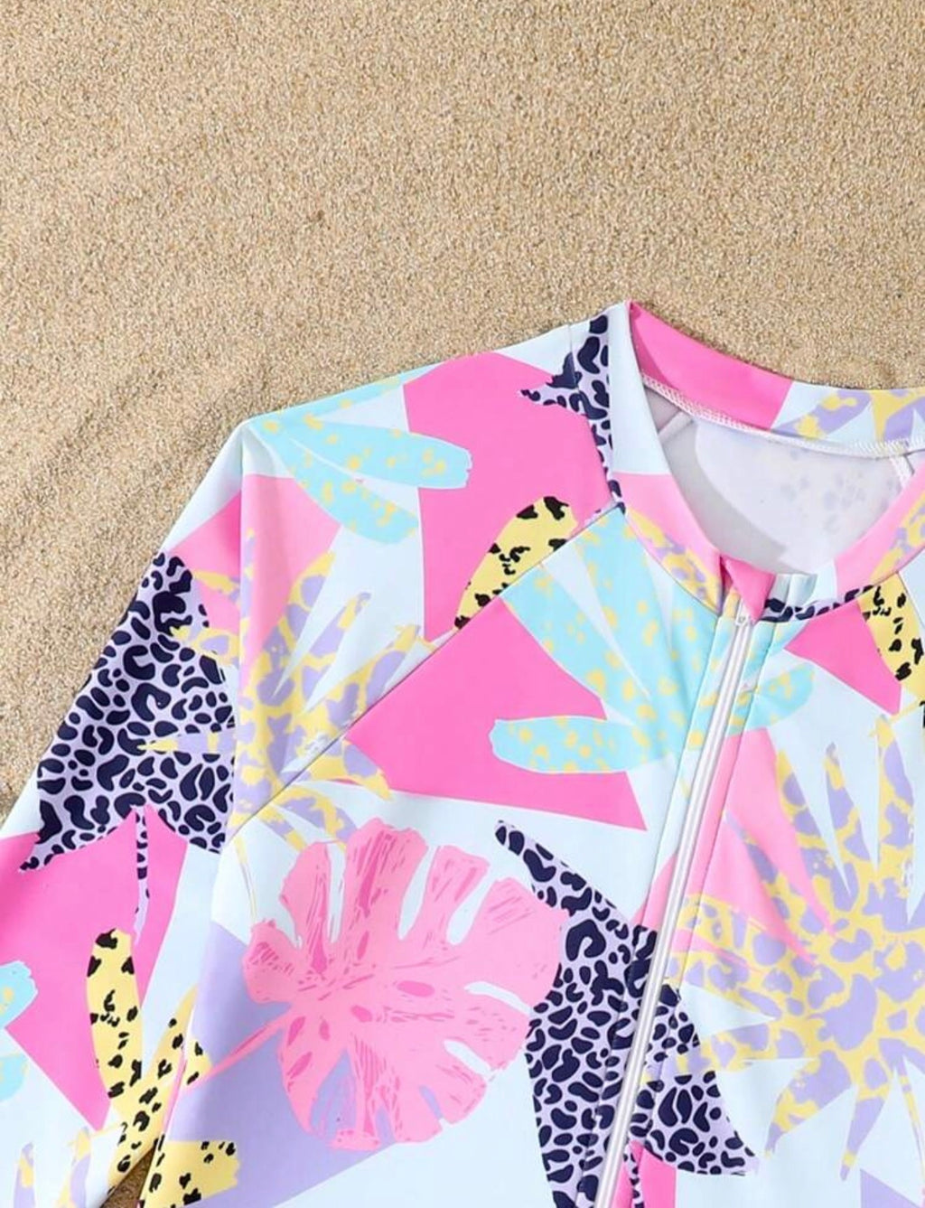 Traje de Baño Una Pieza Estampado Hojas y Leopardo Manga Larga Niña
