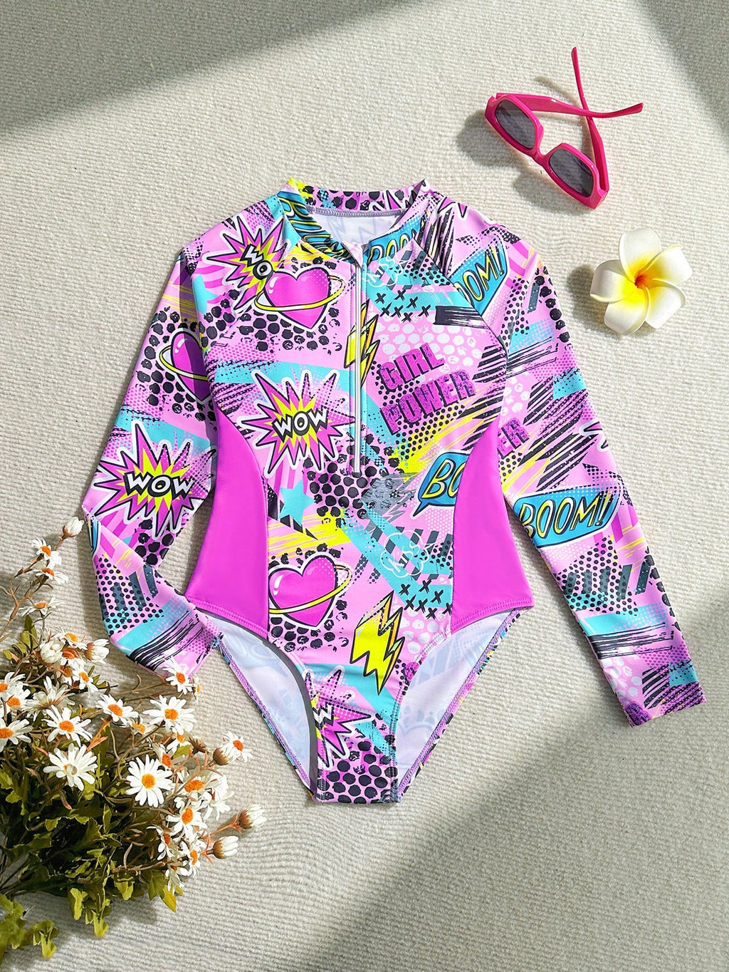 Traje de Baño de Una Pieza Manga Larga Estampado Girl Power para Niña