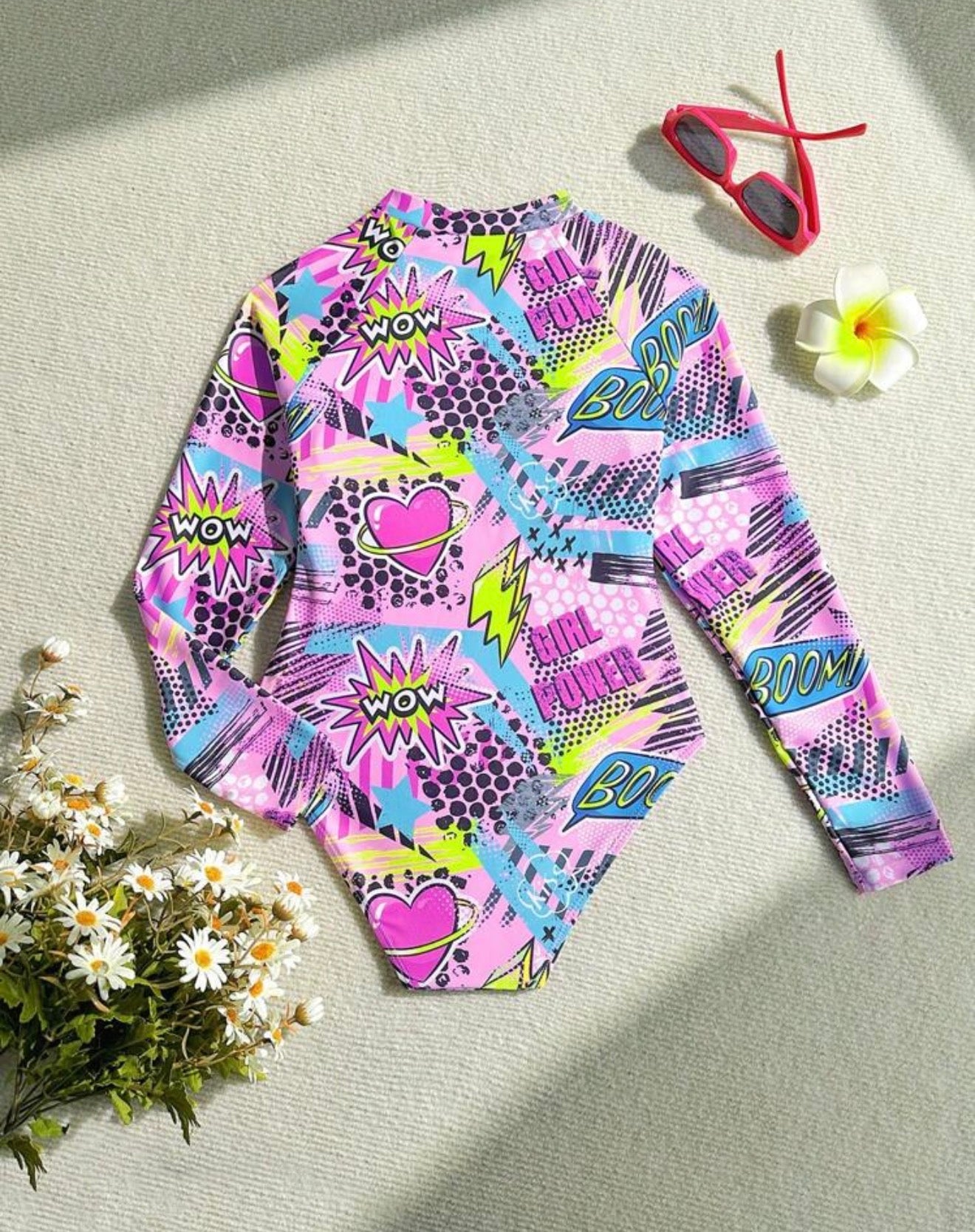 Traje de Baño de Una Pieza Manga Larga Estampado Girl Power para Niña