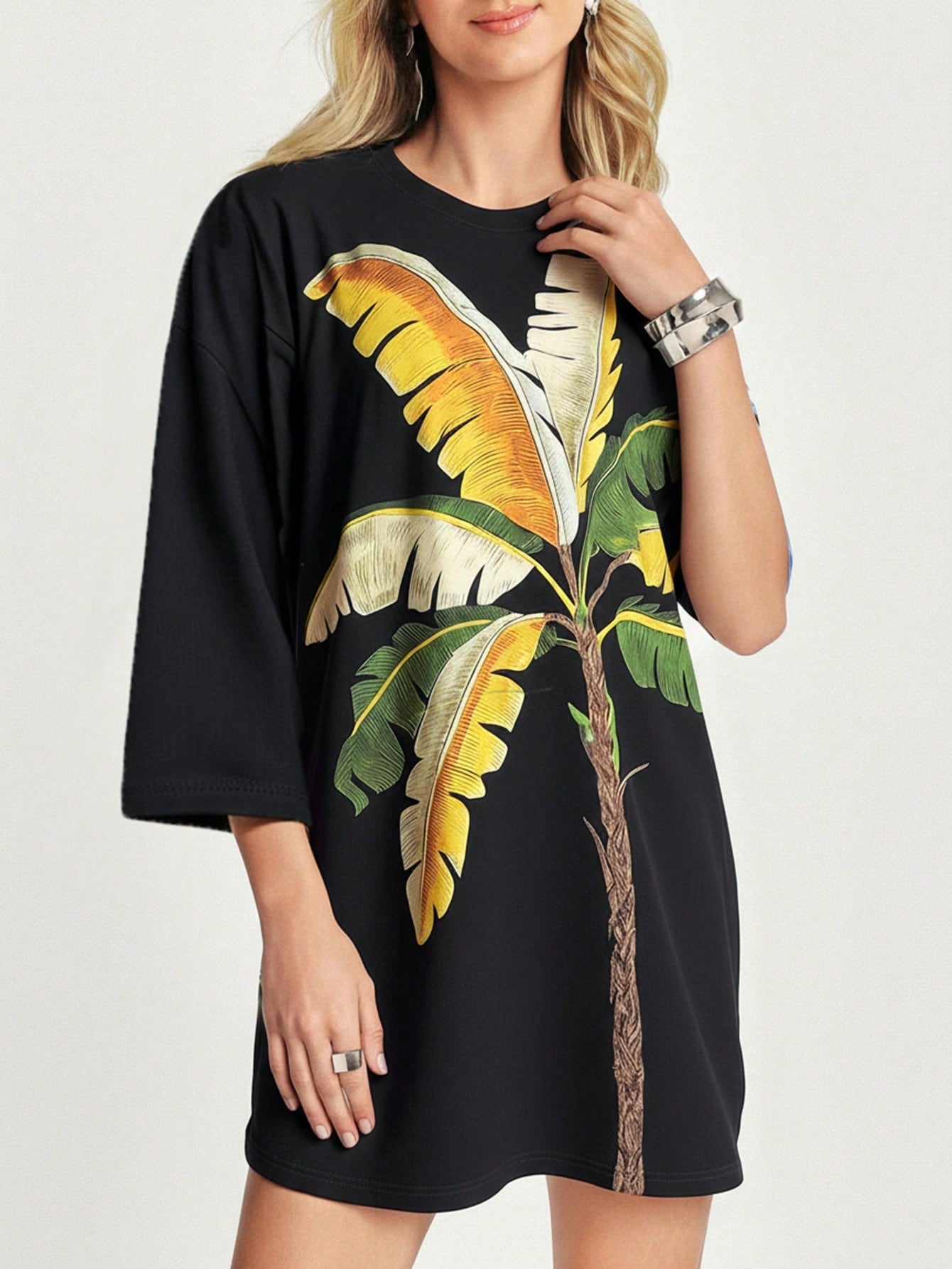 CAJUNI Vestido Camiseta Tropical Árbol de Coco Negro – Manga 3/4