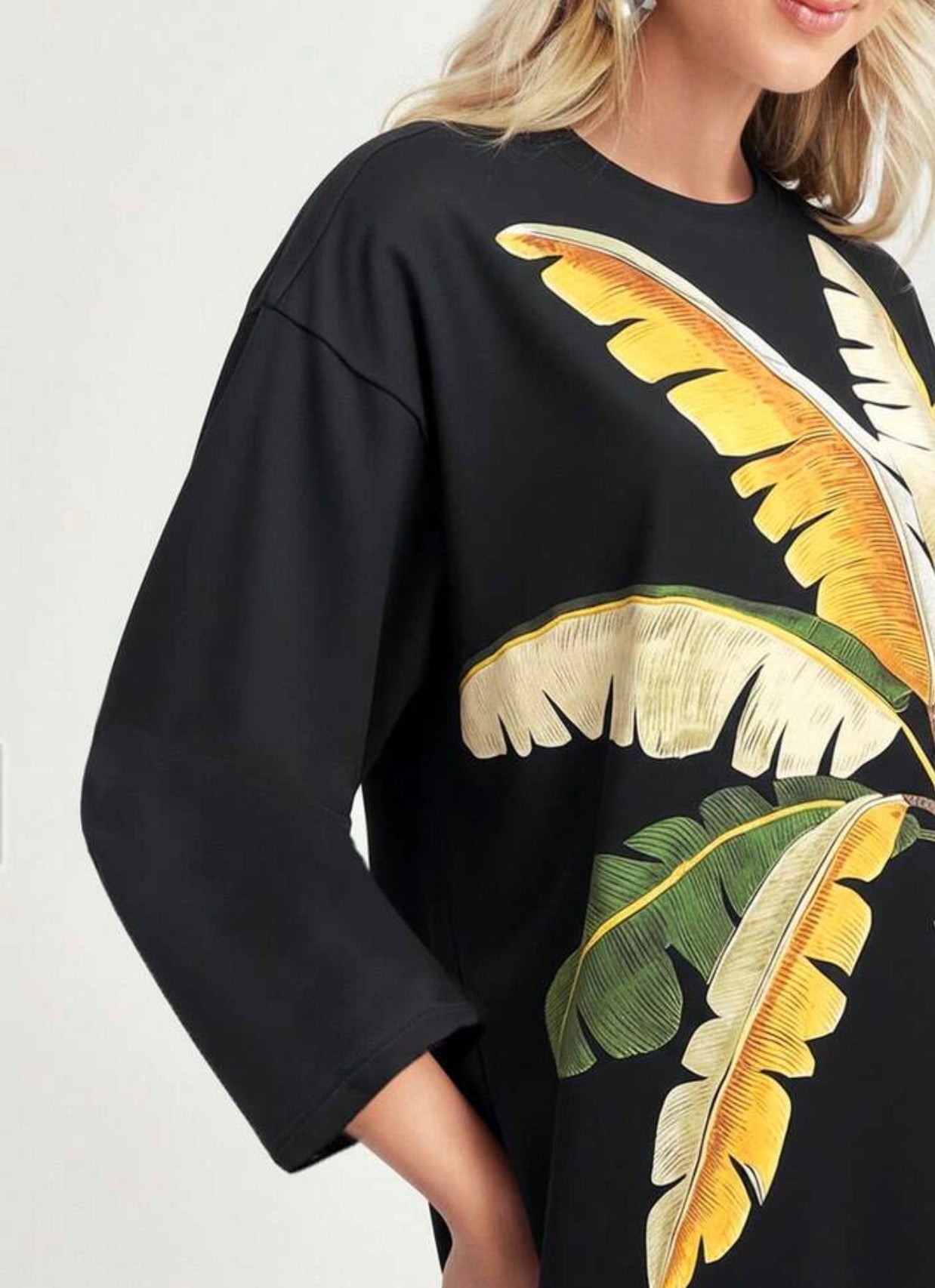 CAJUNI Vestido Camiseta Tropical Árbol de Coco Negro – Manga 3/4