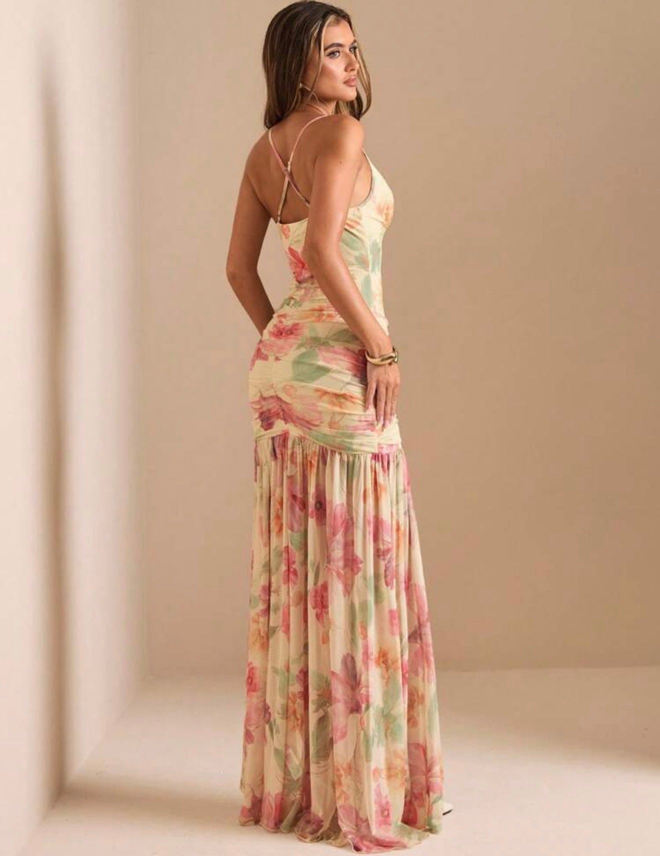 SHEIN BAE Vestido largo de mujer floral malla ajustado cuello drapeado profundo sin mangas