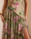 SHEIN BAE Vestido maxi ajustado floral tie-dye con corbata en el cuello y abertura alta