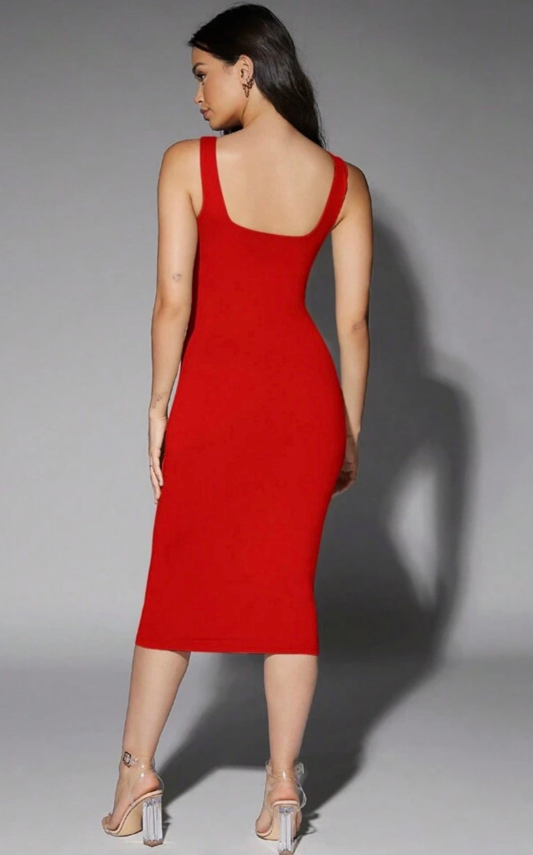 Vestido Midi Ajustado Sin Mangas Rojo – Color Sólido