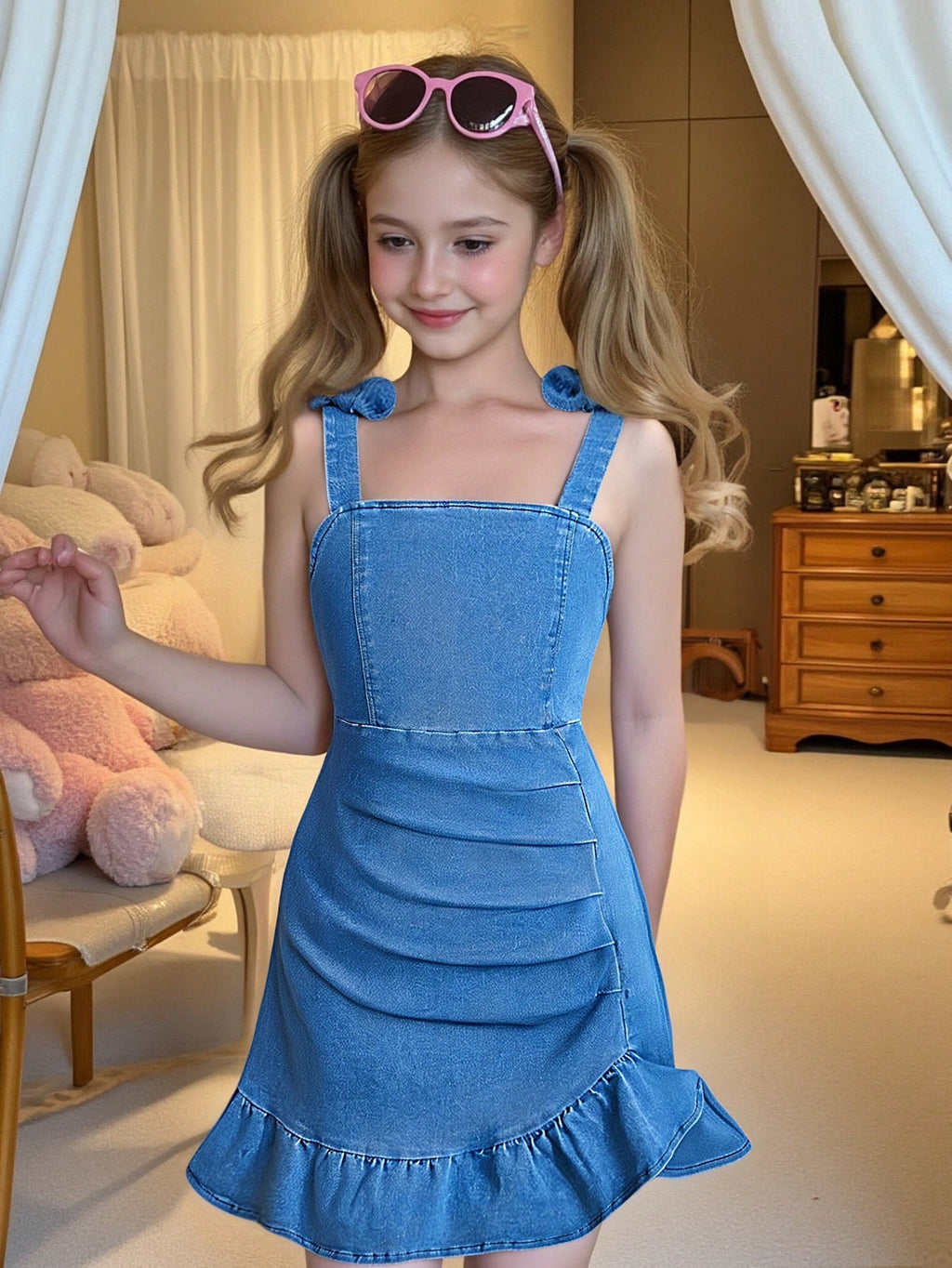 Vestido Vaquero con Volante para Niña – Azul Denim