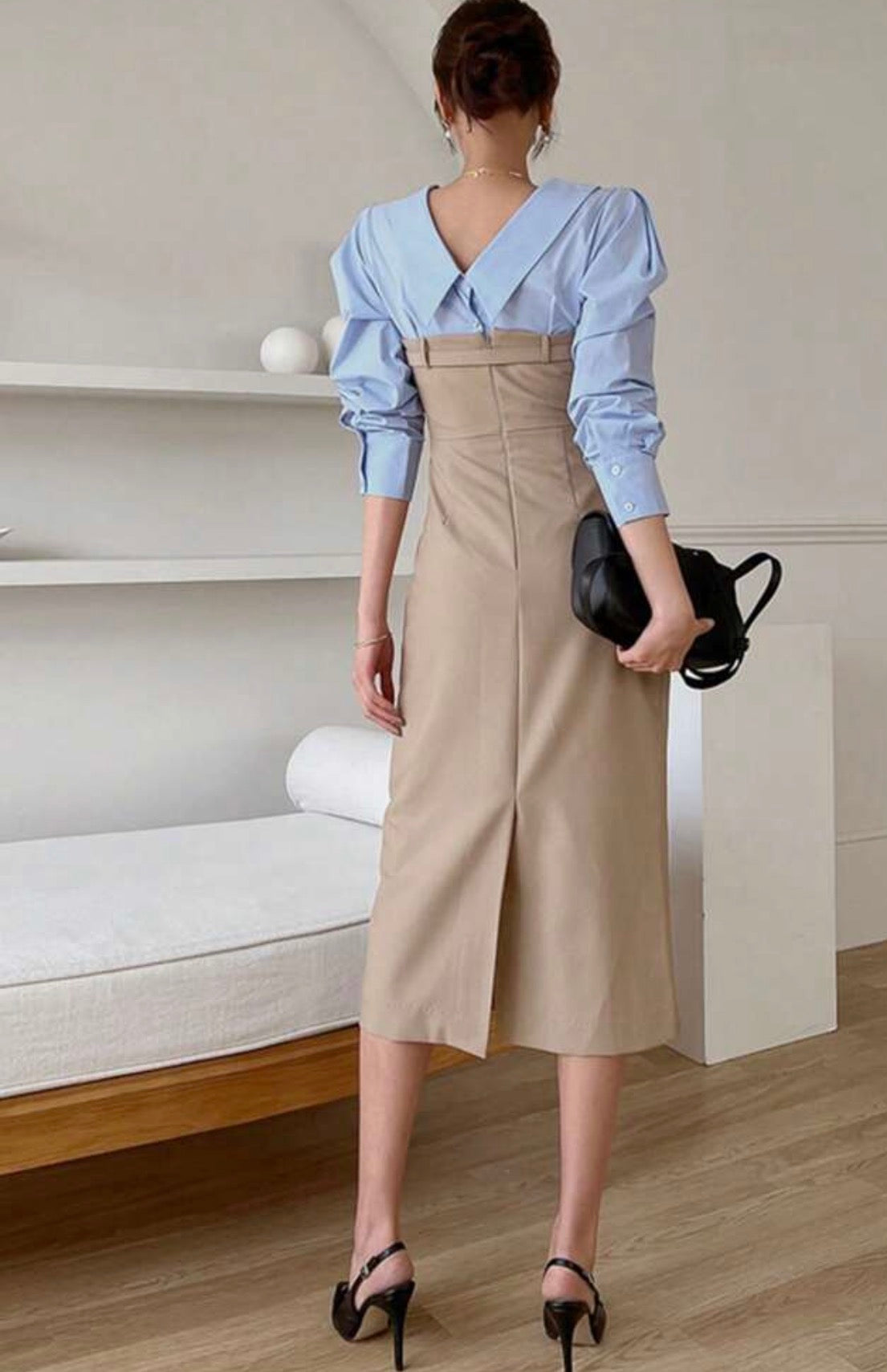 Vestido Camisero Bicolor Manga Larga – Cintura Ceñida Otoño